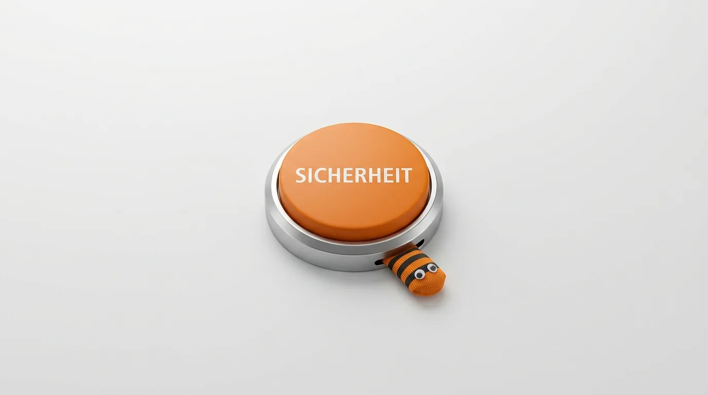 Orangefarbener Knopf mit weißer Aufschrift SICHERHEIT und Biene auf hellem Hintergrund