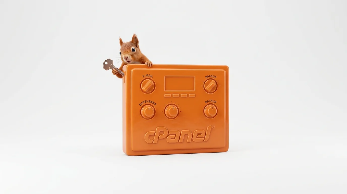 Eichhörnchen mit Schlüssel schaut hinter einer orangen Bedienkonsole mit cPanel-Schriftzug hervor