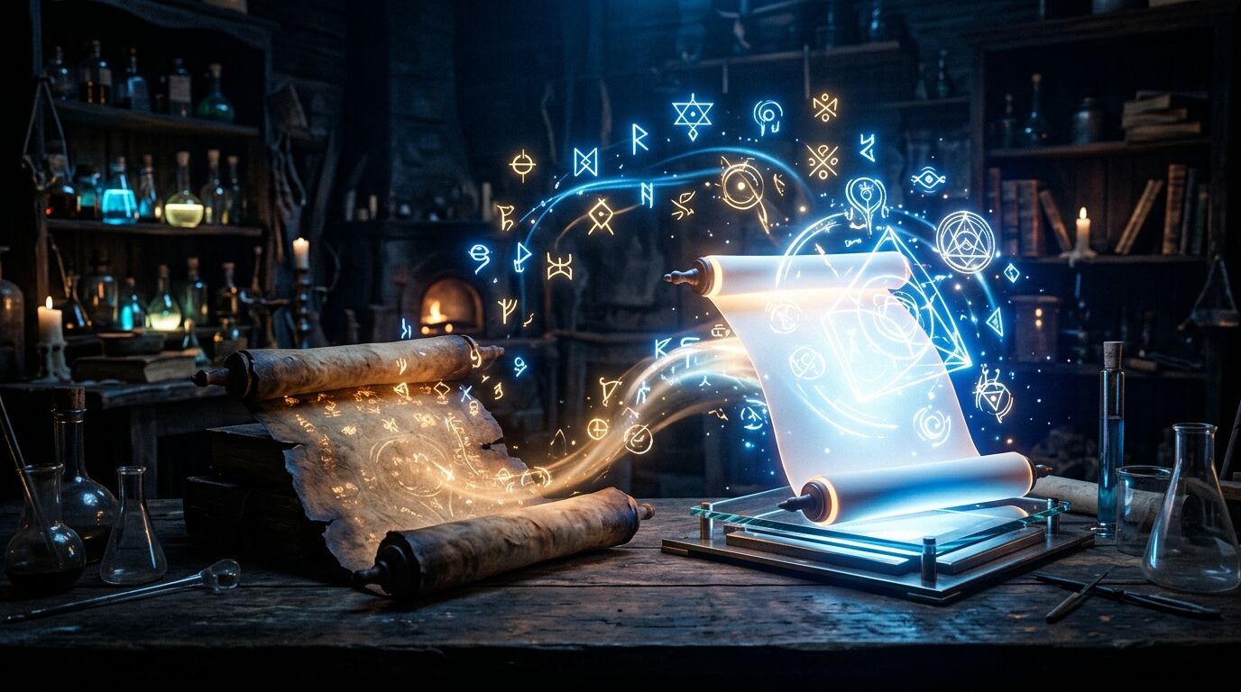 Magisches Alchemistenlabor mit leuchtenden Schriftrollen und Runen