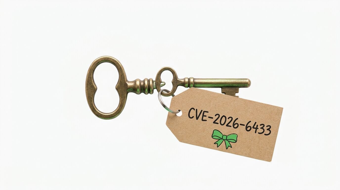 Messingschlüssel mit Anhänger: CVE-2026-6433 und grüne Schleife auf braunem Papier