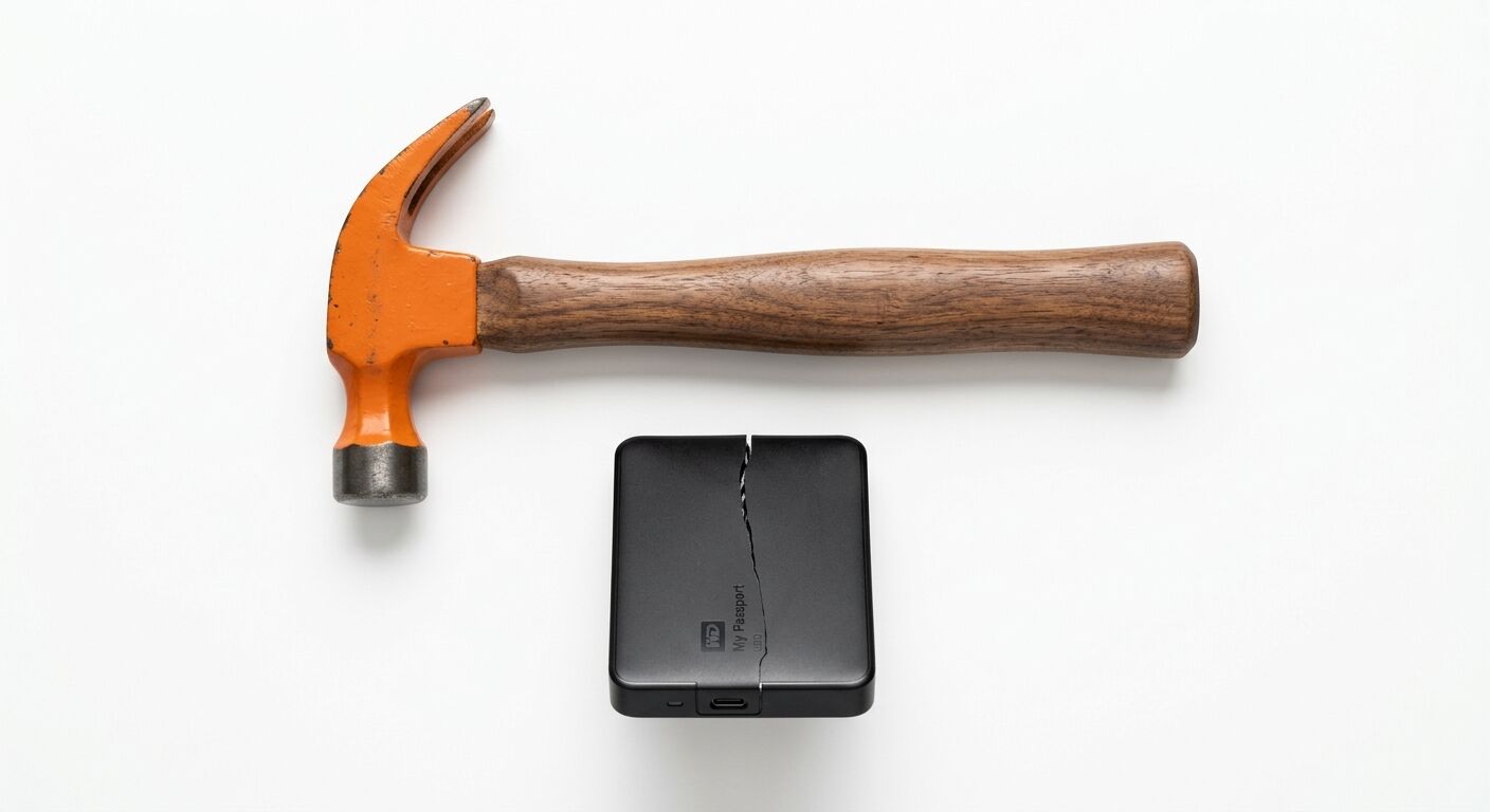 Eine gerissene WD-Festplatte und ein Hammer mit orangefarbenem Kopf und Holzgriff