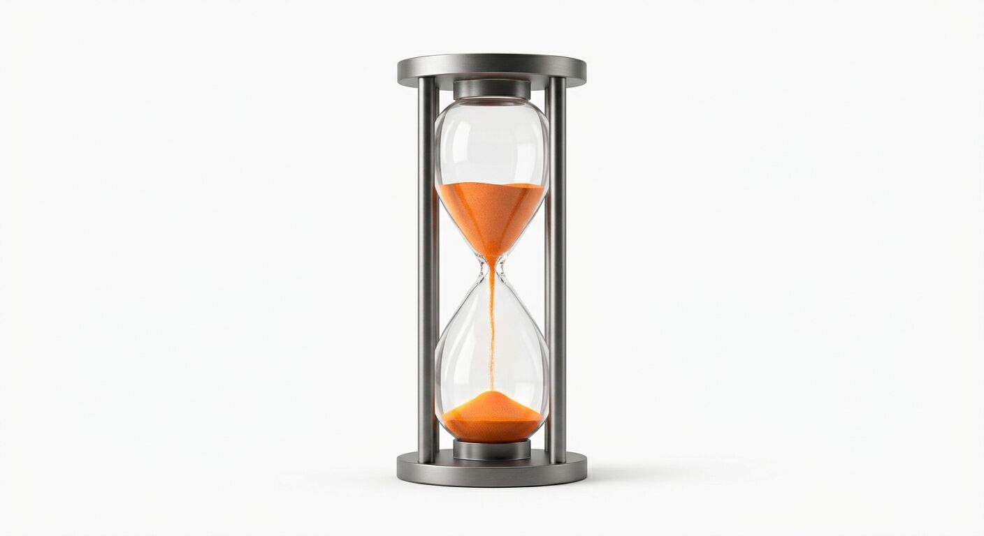 Eine metallene Sanduhr mit orangefarbenem Sand steht vor weißem Hintergrund