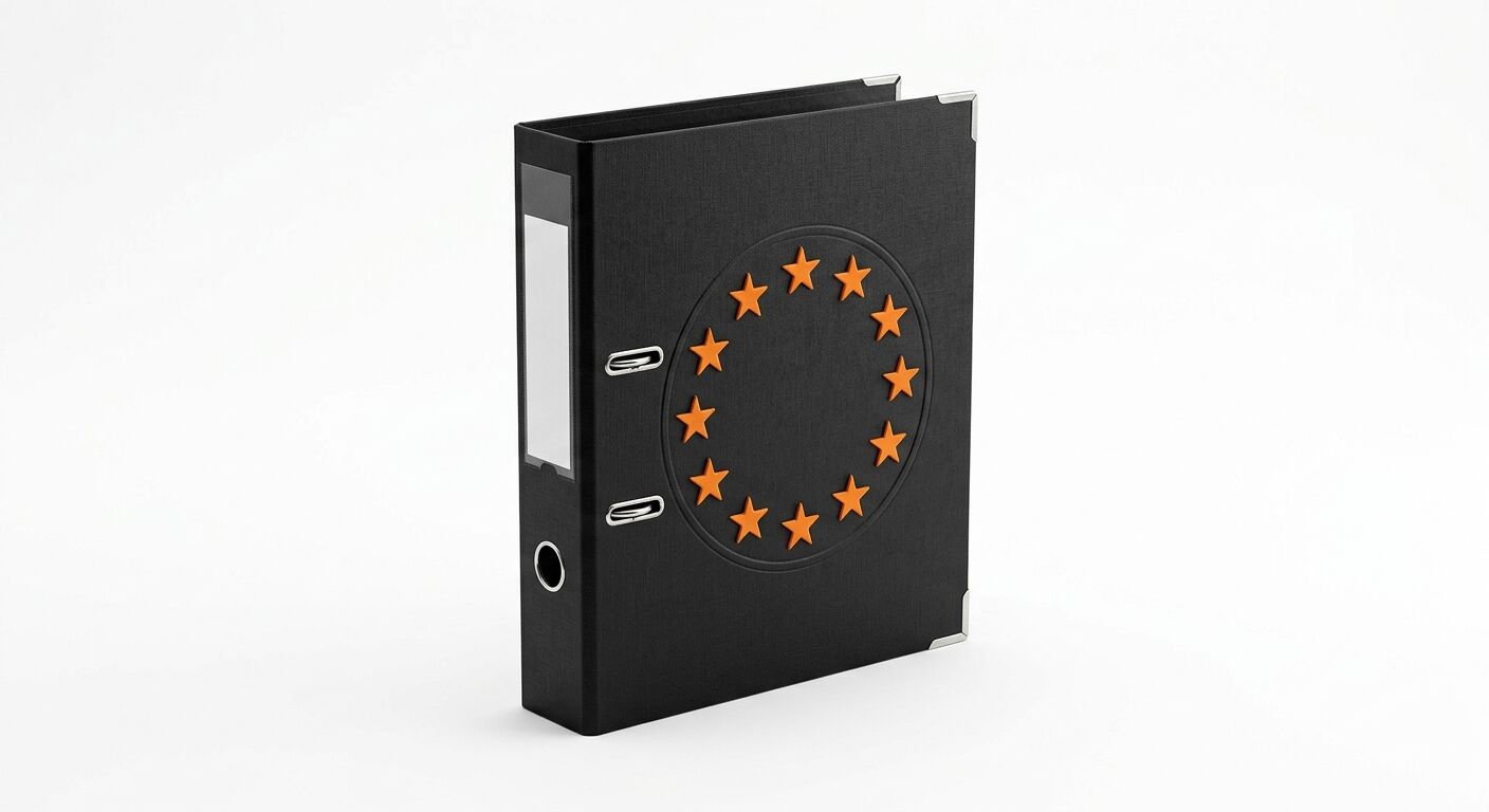 Schwarzer Ordner mit orangefarbenem EU-Sternenkreis auf dem Cover