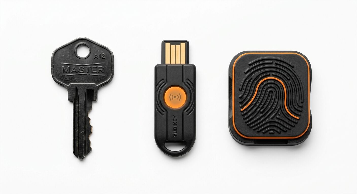 Ein Schlüssel, ein Yubikey und ein Fingerabdruck-Token nebeneinander
