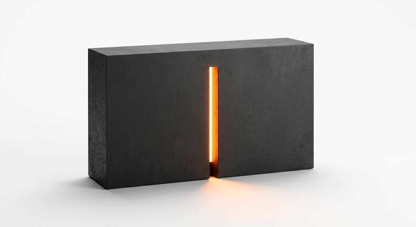 Ein dunkler Betonblock mit zentraler, beleuchteter, senkrechter Kerbe steht auf weißem Grund