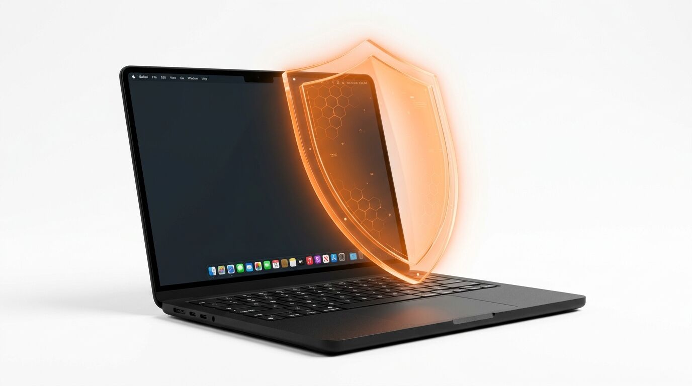 Ein schwarzer Laptop mit einem orange-leuchtenden Schutzschild-Symbol davor