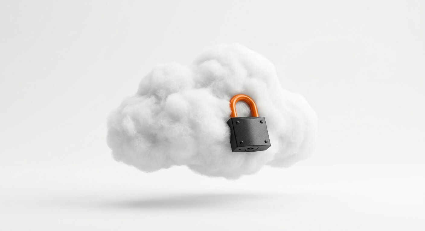 Eine weiße Wolke aus Baumwolle mit einem geschlossenen, schwarz-orangen Vorhängeschloss