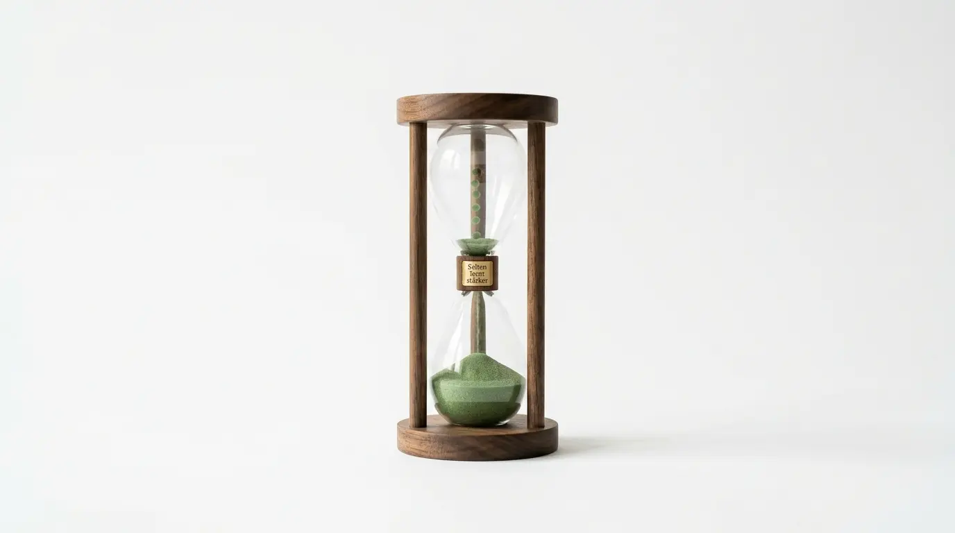 Eine Sanduhr mit Holzrahmen, grünem Sand und weißem Hintergrund
