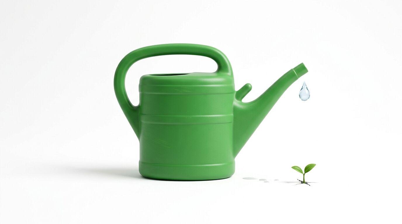 Grüne Gießkanne mit Wassertropfen und kleinem Keimling auf weißem Grund