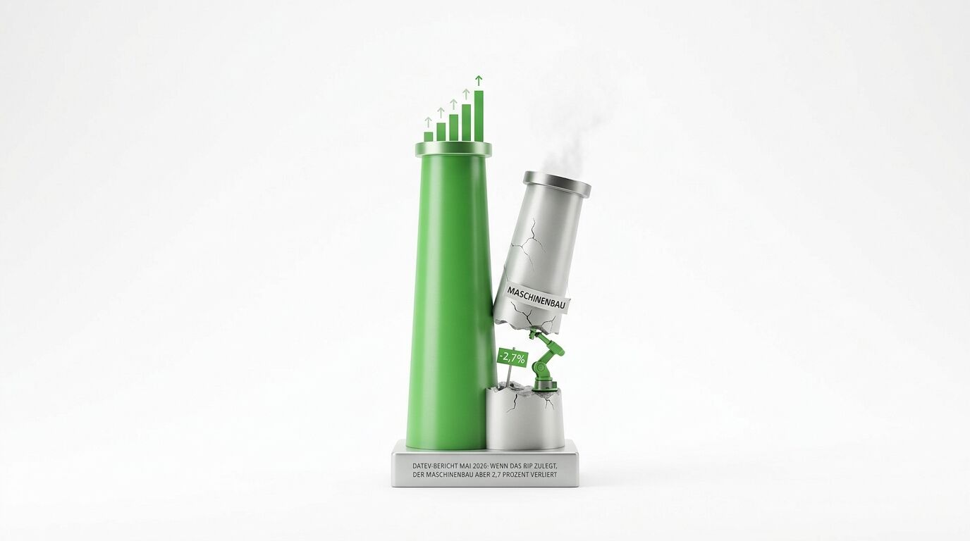 Symbolischer Pokal mit grünem Schornstein (Wachstum) und kaputtem Industrieschornstein (Verlust)