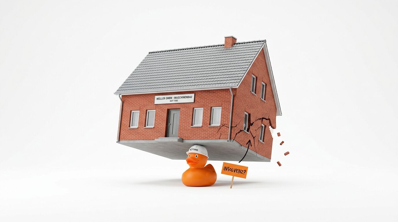 Eine Quietscheente mit Helm trägt ein baufälliges Haus mit dem Schild „INSOLVENZ?“