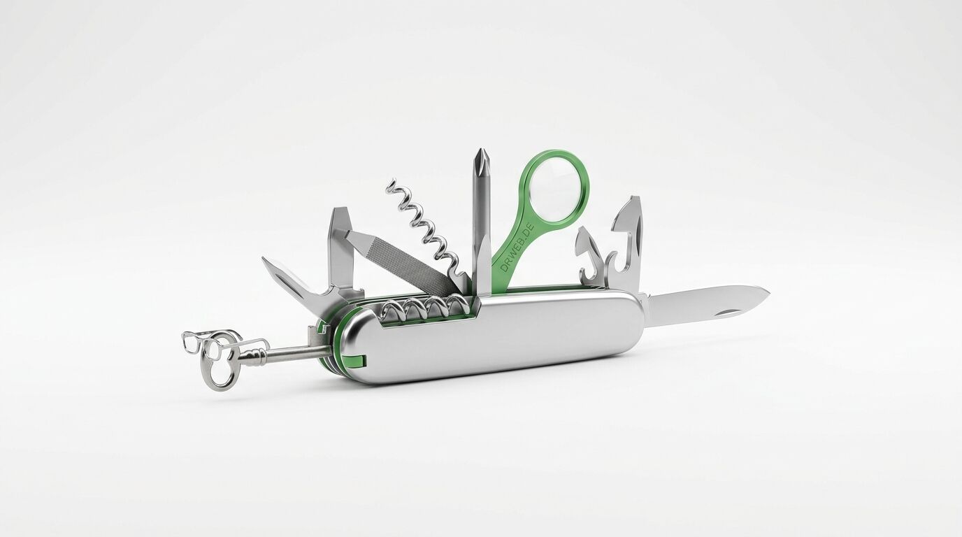 Schweizer Taschenmesser mit ausgeklappten Werkzeugen, Brille, grünem Lupengriff und Text