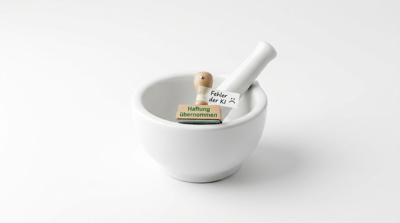 Mörser mit Pistill, Holzstempel „Haftung übernommen“ und Zettel „Fehler der KI :(“ auf Weiß