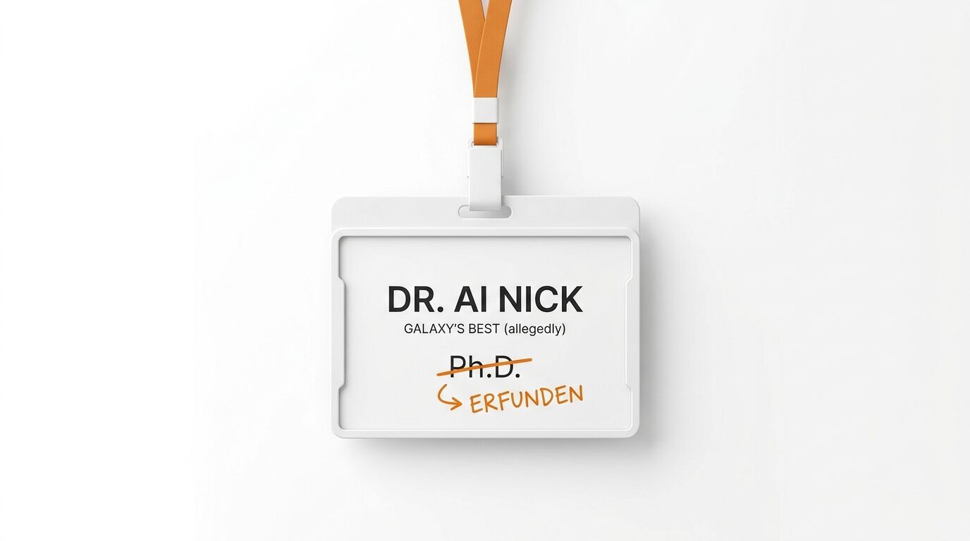 Namensschild an orangem Band mit „DR. AI NICK“, durchgestrichenem „Ph.D.“ und „ERFUNDEN“