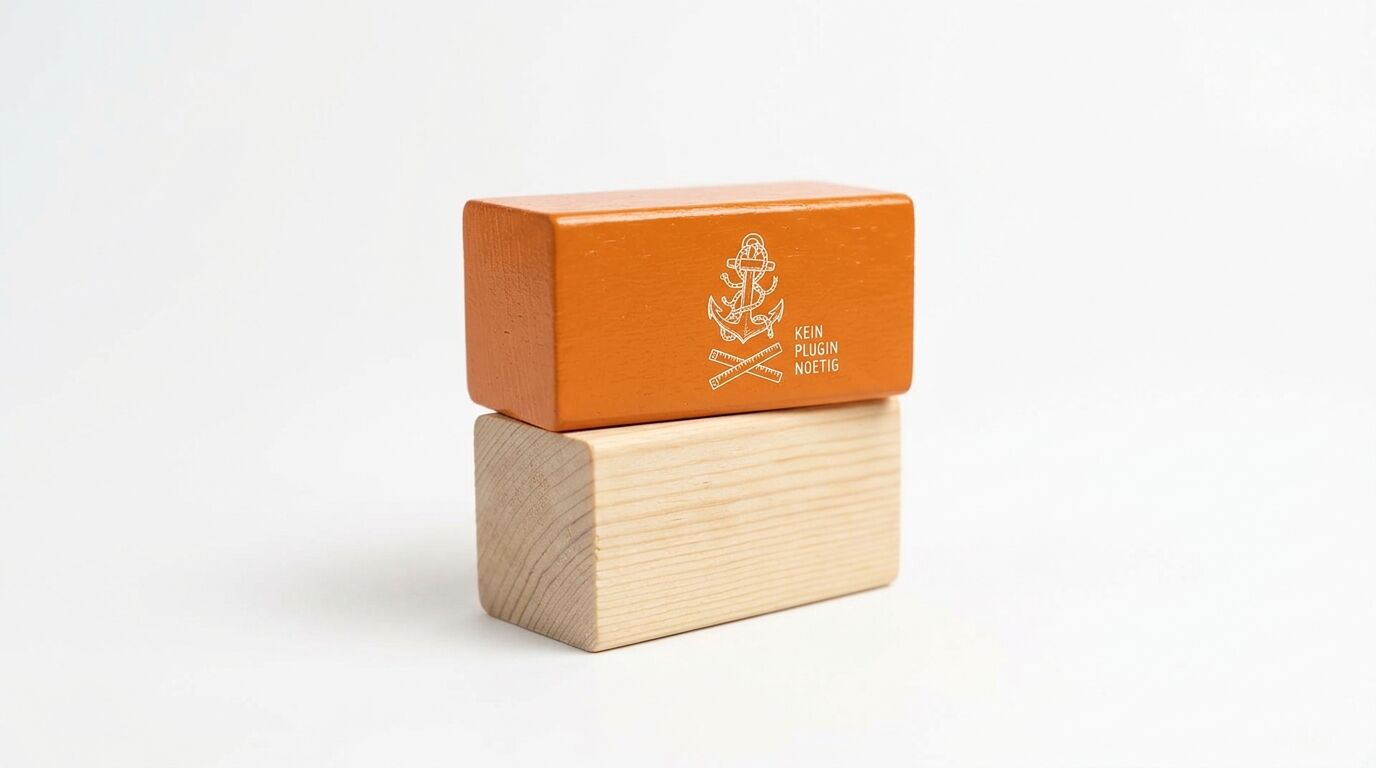 Zwei Holzklötze gestapelt, oberer orange mit weißem Anker und Text, unterer naturfarben