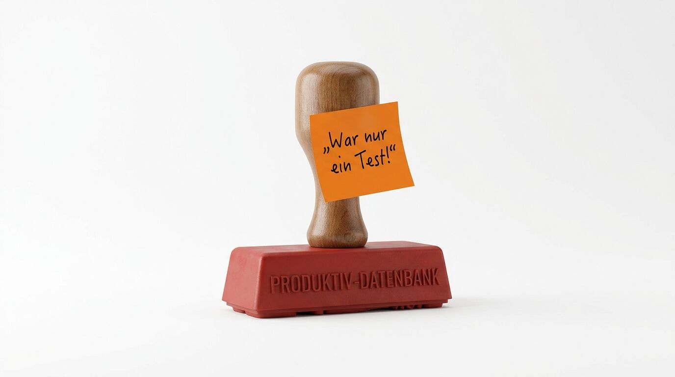 Stempel „PRODUKTIV-DATENBANK“ mit Notizzettel „„War nur ein Test!““ auf Weiß