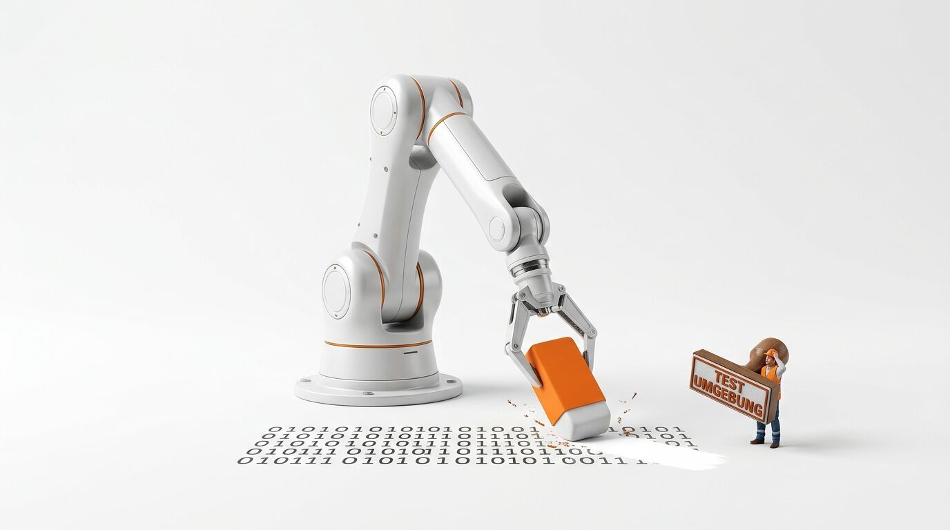 Roboterarm löscht Binärcode mit Radierer, daneben Figur mit Stempel „TEST UMGEBUNG“