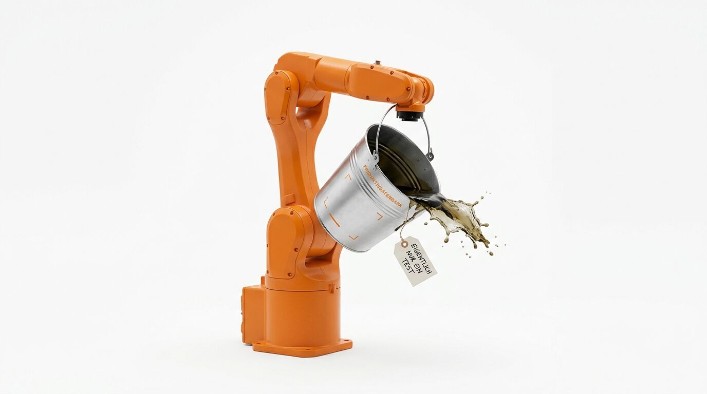 Orangener Roboterarm gießt Flüssigkeit aus einem Metall-Eimer