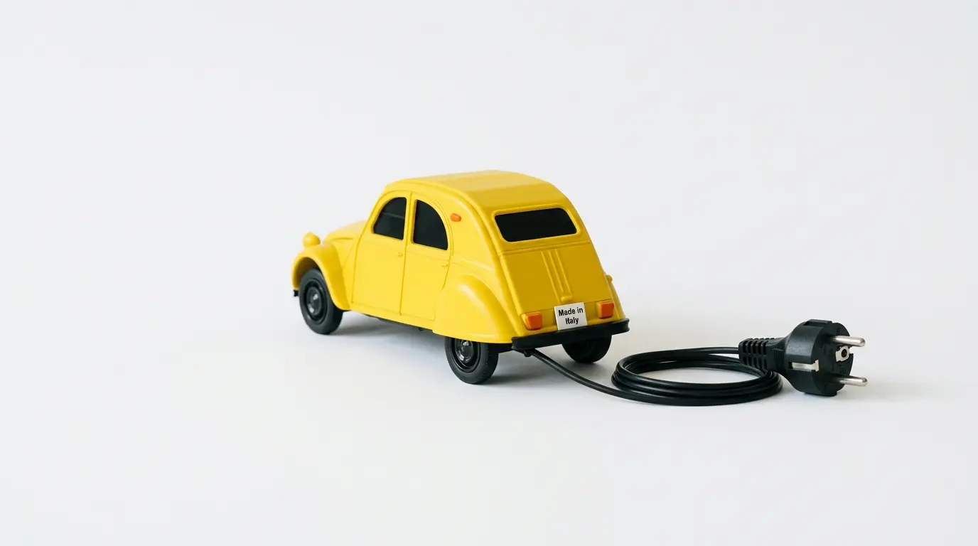 Ein gelbes Spielzeugauto zieht ein Netzkabel mit Stecker auf weißem Hintergrund hinter sich her
