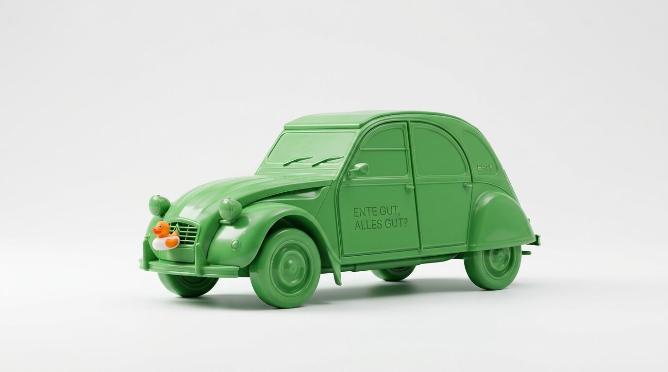 Grünes Modellauto Citroën 2CV mit Gummi-Ente und deutschem Text auf der Tür vor weißem Hintergrund
