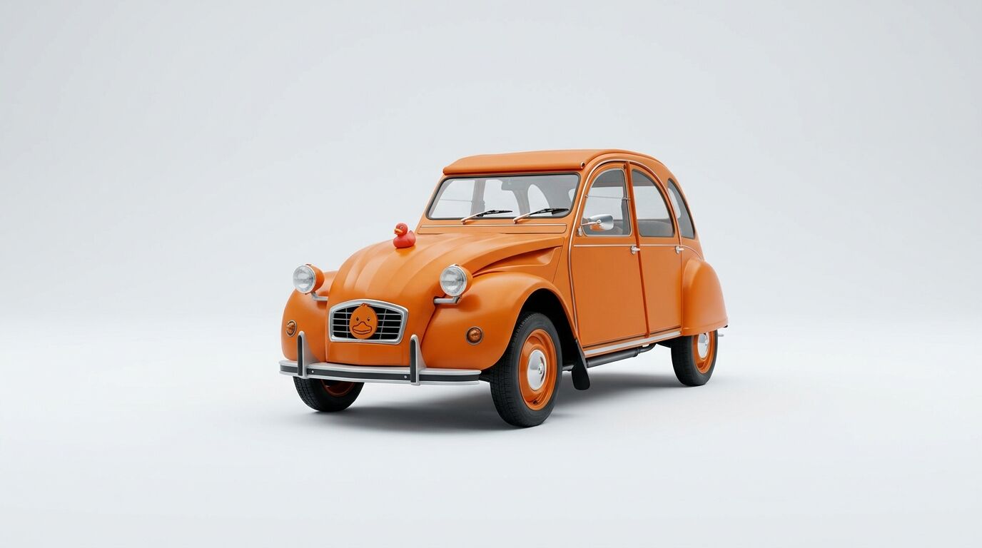 Ein orangefarbener Citroën 2CV mit einer Quietscheente auf der Motorhaube vor weißem Hintergrund