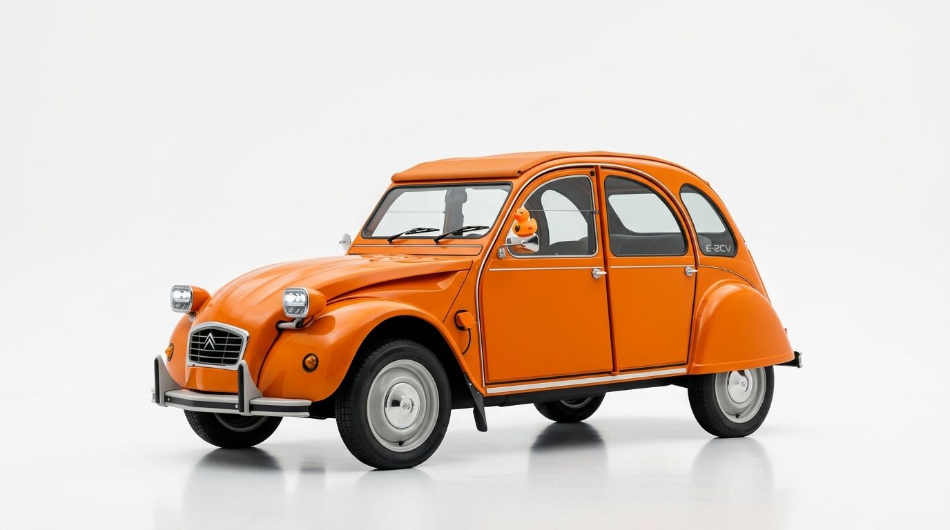 Oranger Citroën 2CV mit modernen LED-Scheinwerfern und Badeente im Rückspiegel vor weißem Grund