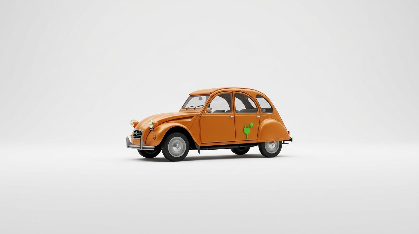 Ein oranger Citroën 2CV mit grünem E-Auto-Logo auf der Tür steht auf weißem Grund