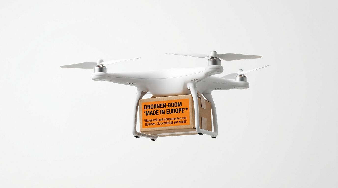 Eine weiße Drohne trägt ein Paket mit orangefarbenem Aufkleber auf weißem Hintergrund