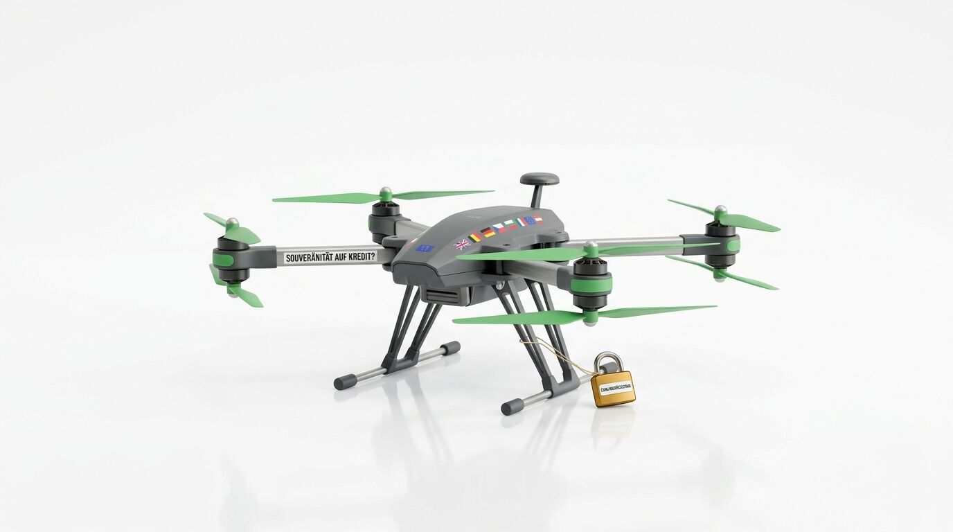 Ein Multicopter mit Flaggen und Vorhängeschloss auf weißem Hintergrund