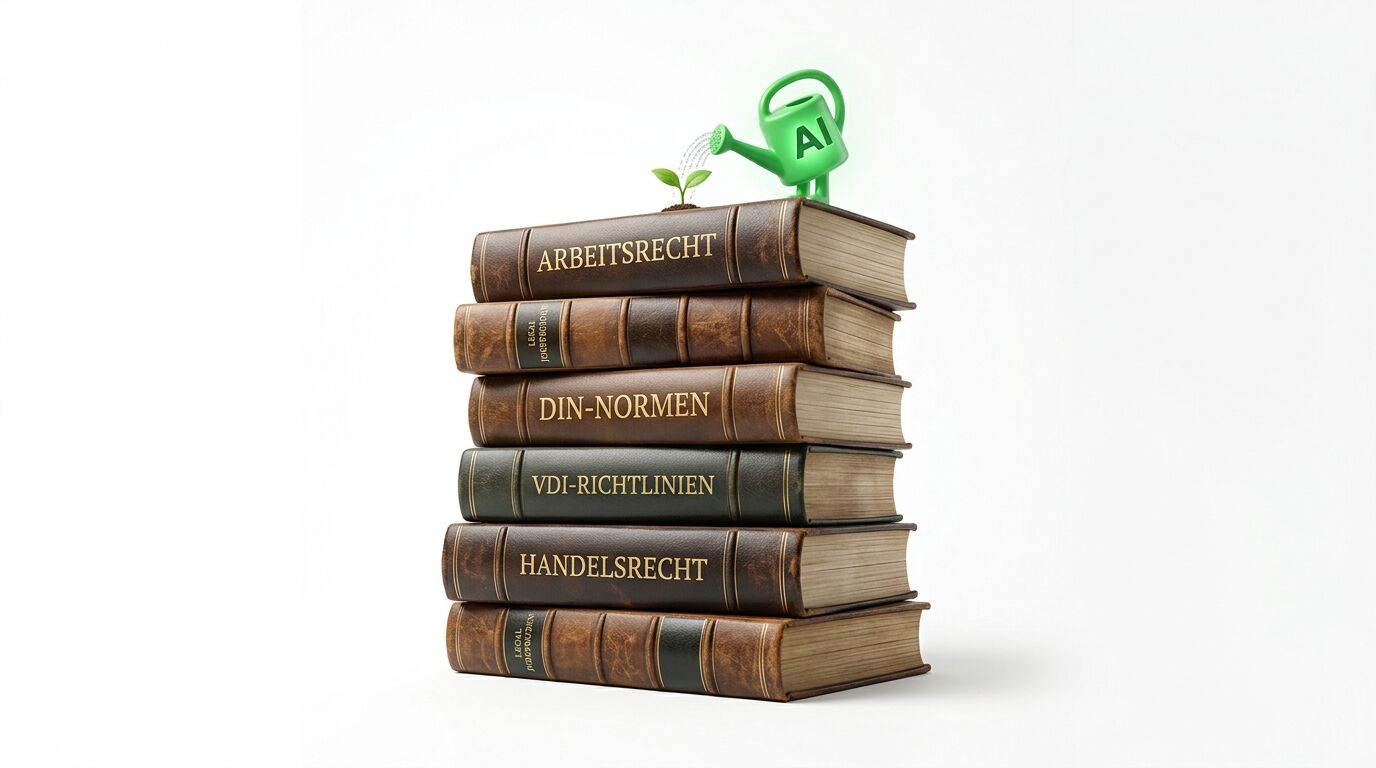Bücherstapel zu deutschem Recht und Normen, oben Gießkanne mit „AI“-Logo, gießt einen Sprössling