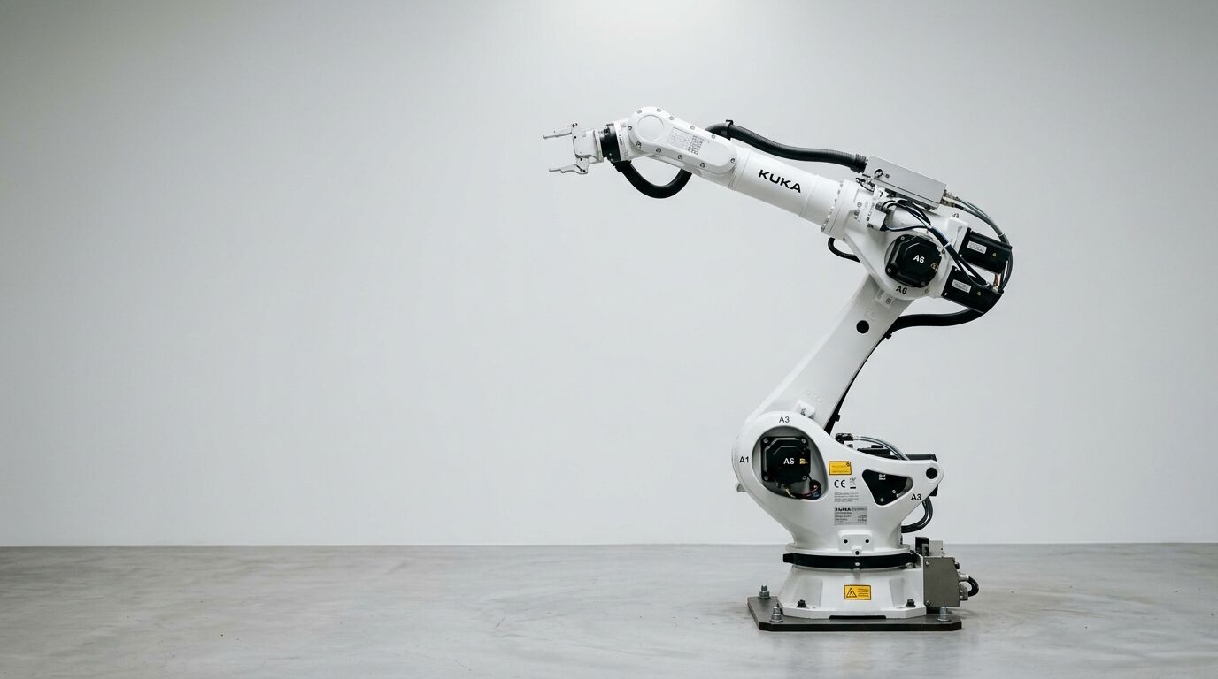 Ein weißer Kuka-Roboterarm steht auf einem Betonboden vor weißem Hintergrund