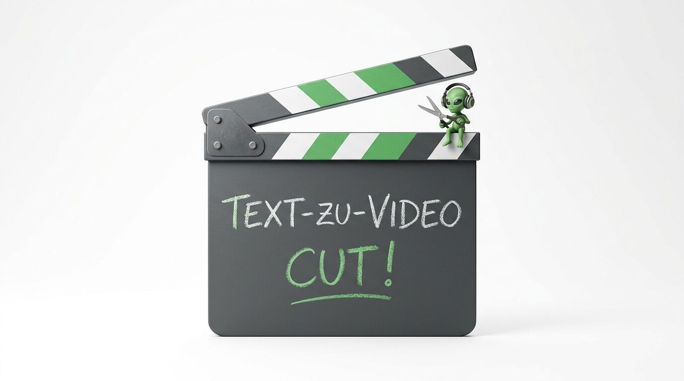 Filmklappe mit Text und Alien-Figur auf weißem Hintergrund