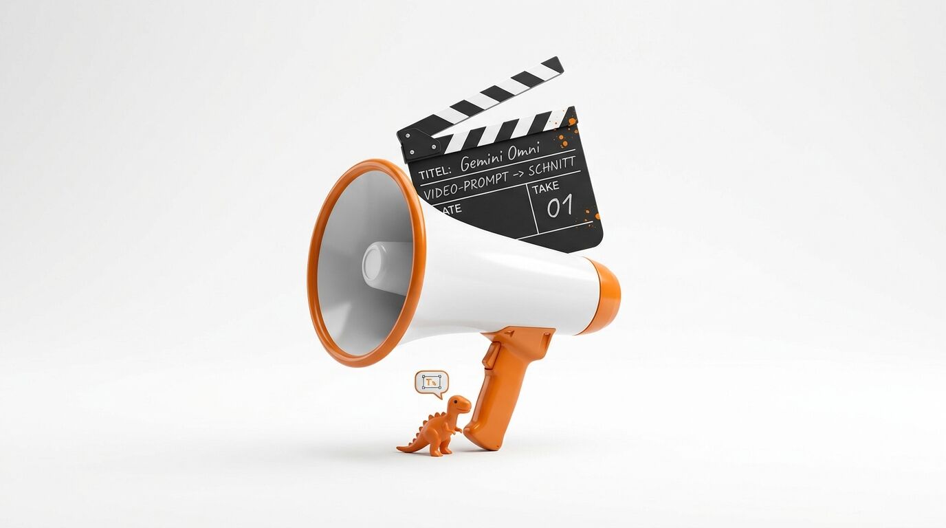 Megaphon, Filmklappe mit Text und orange Dino-Figur auf weißem Grund