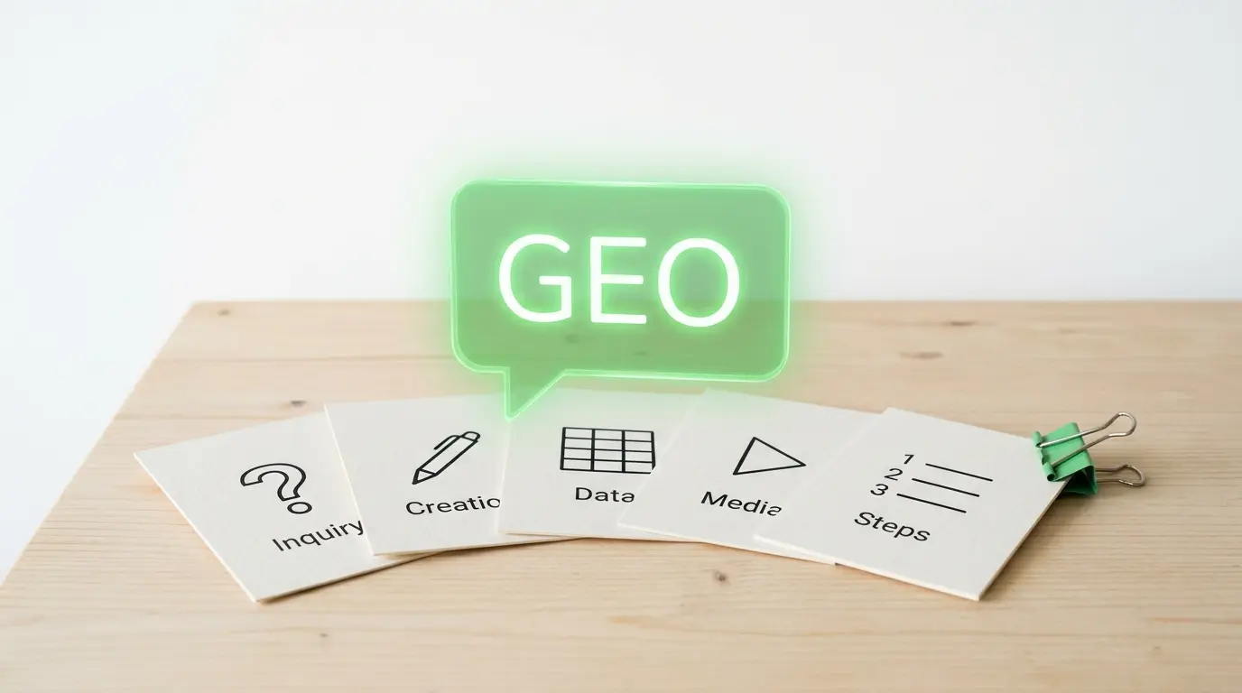 Karten mit Symbolen für Inquiry, Creation, Data, Media und Steps, überragt von grün leuchtendem GEO