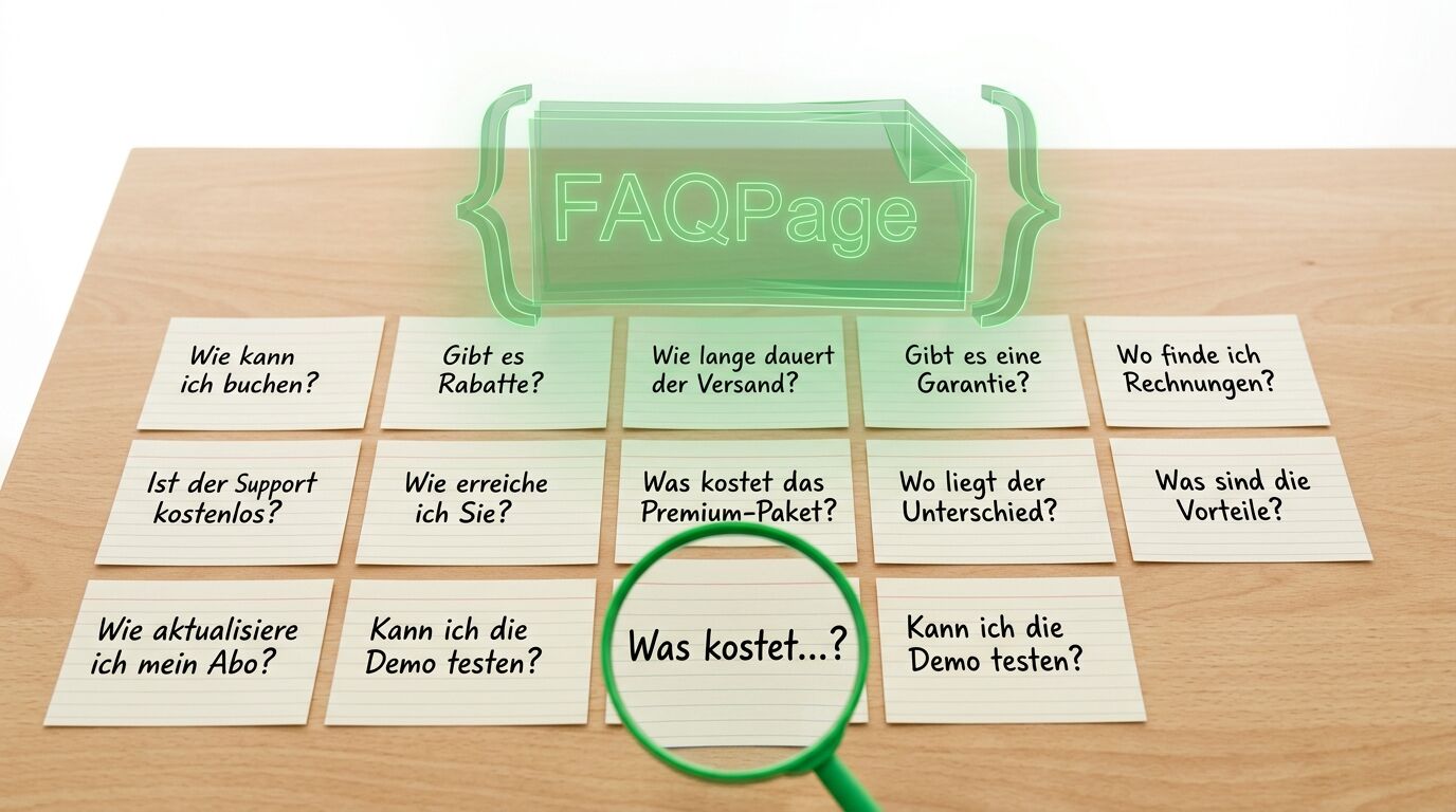 Karteikarten mit Fragen auf Holztisch, Lupe im Vordergrund, grünes FAQPage-Hologramm darüber