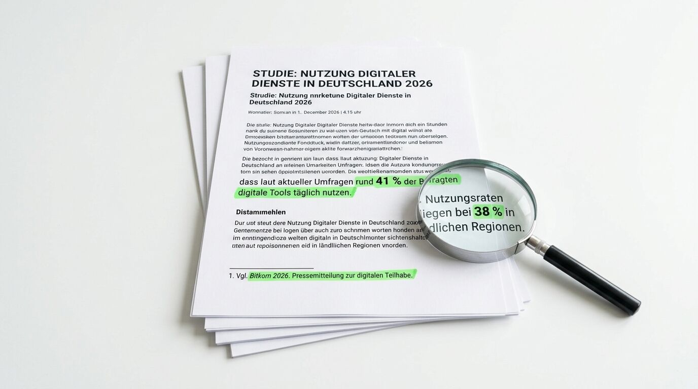Studienbericht mit Lupe, grün hervorgehobener Text, Nutzungsraten digitaler Dienste