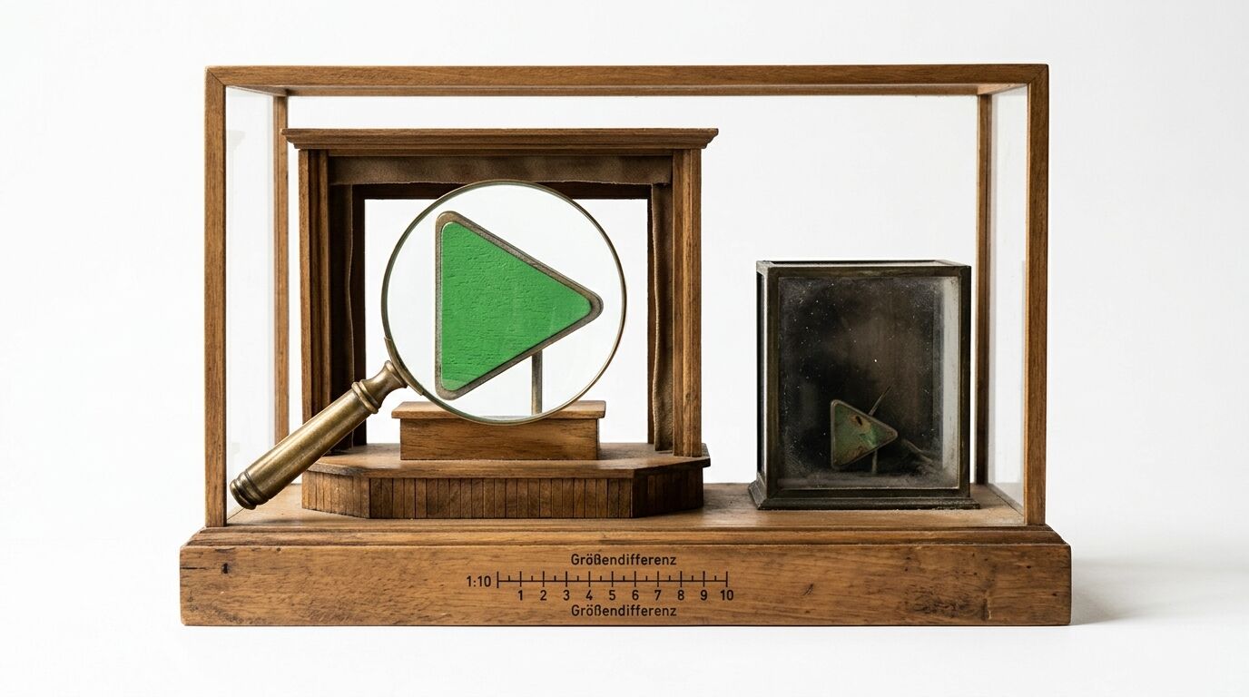 Vitrine mit Holzmodell, Lupe vor grünem Dreieck, rechtes kleineres Dreieck, Aufschrift Größendifferenz