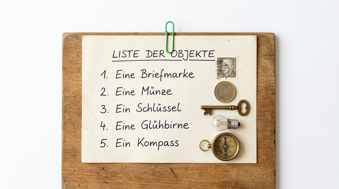 Klemmbrett mit Liste auf Deutsch und danebenliegenden Objekten, die auf der Liste stehen