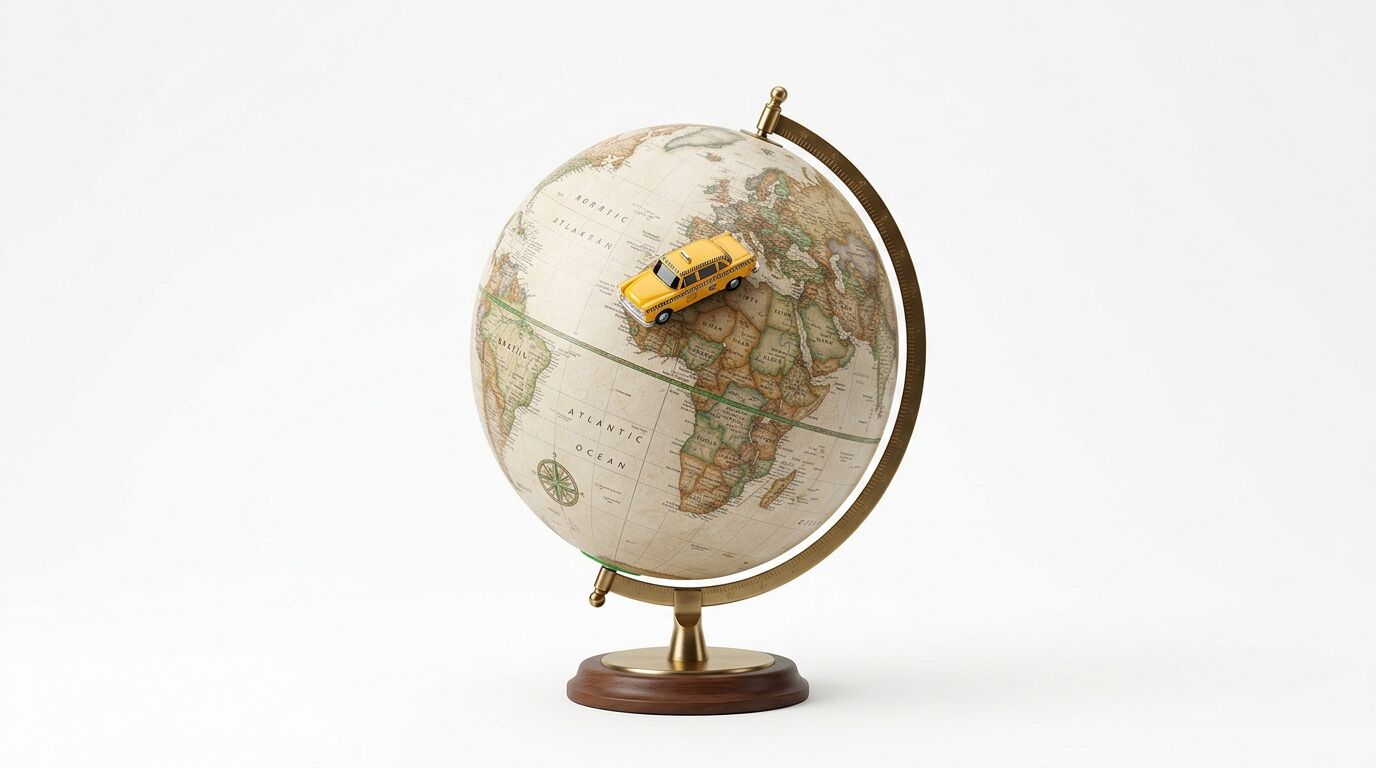 Ein Globus im Antik-Look mit einem gelben Spielzeugtaxi auf der Oberfläche