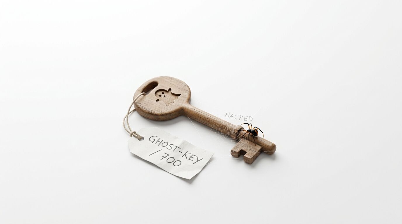 Holzschlüssel mit Gespenstermotiv, Anhänger „GHOST-KEY / 700“ und Spinne mit „HACKED“-Schriftzug