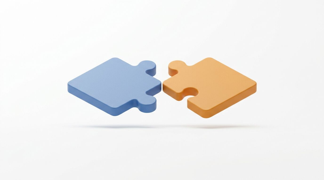 Ein blaues und ein orangefarbenes Puzzleteil, die aufeinander zuzeigen