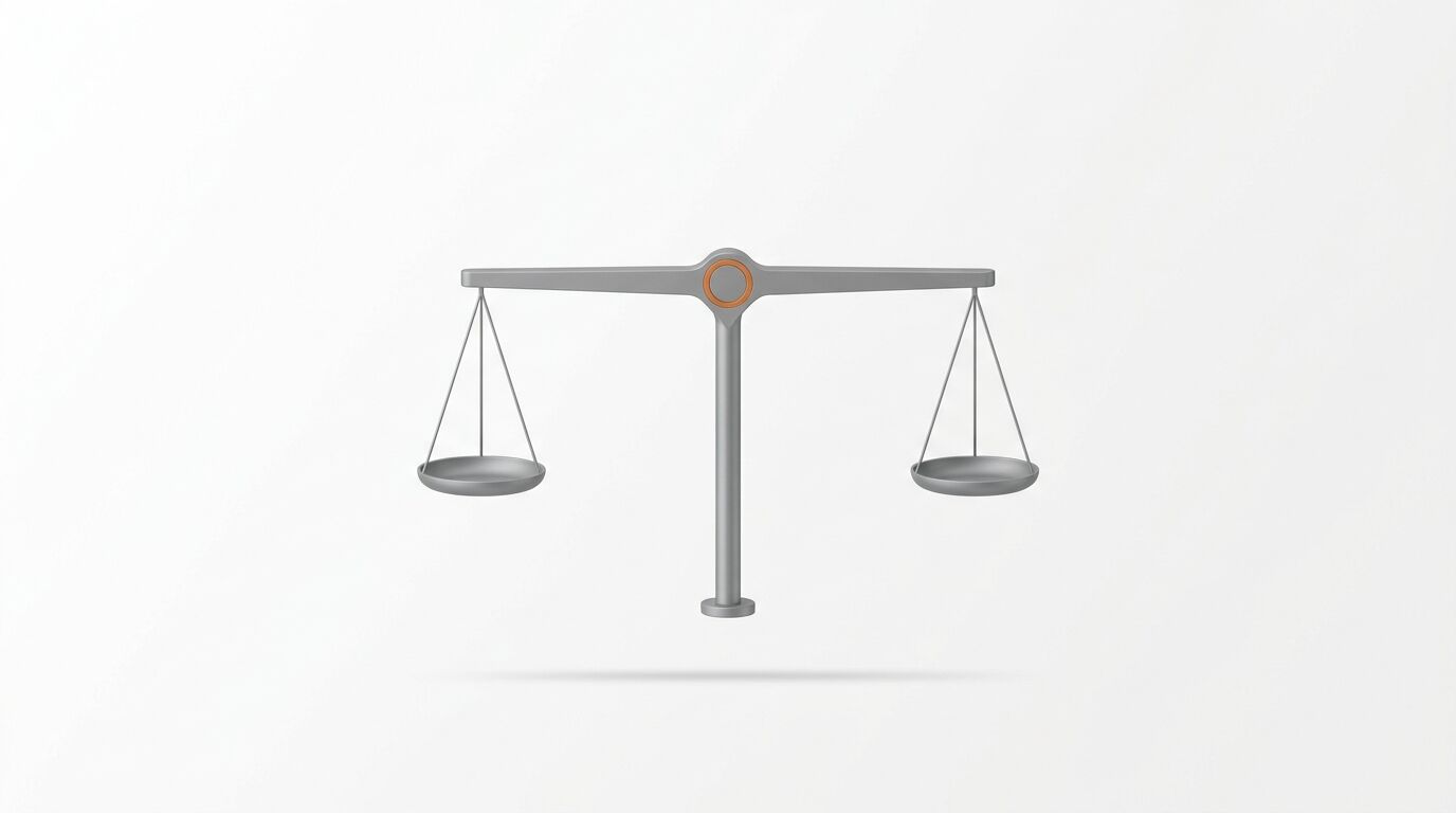 Eine 3D-Darstellung einer grauen Balkenwaage mit bronzefarbenem Drehpunkt und leerem Teller