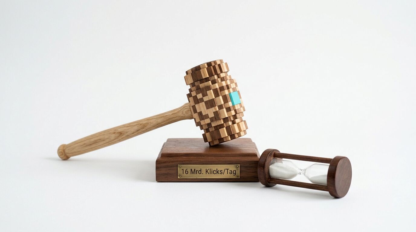 Gepixelter Richterhammer aus Holz auf Podest, neben einer liegenden Sanduhr, vor Weiß