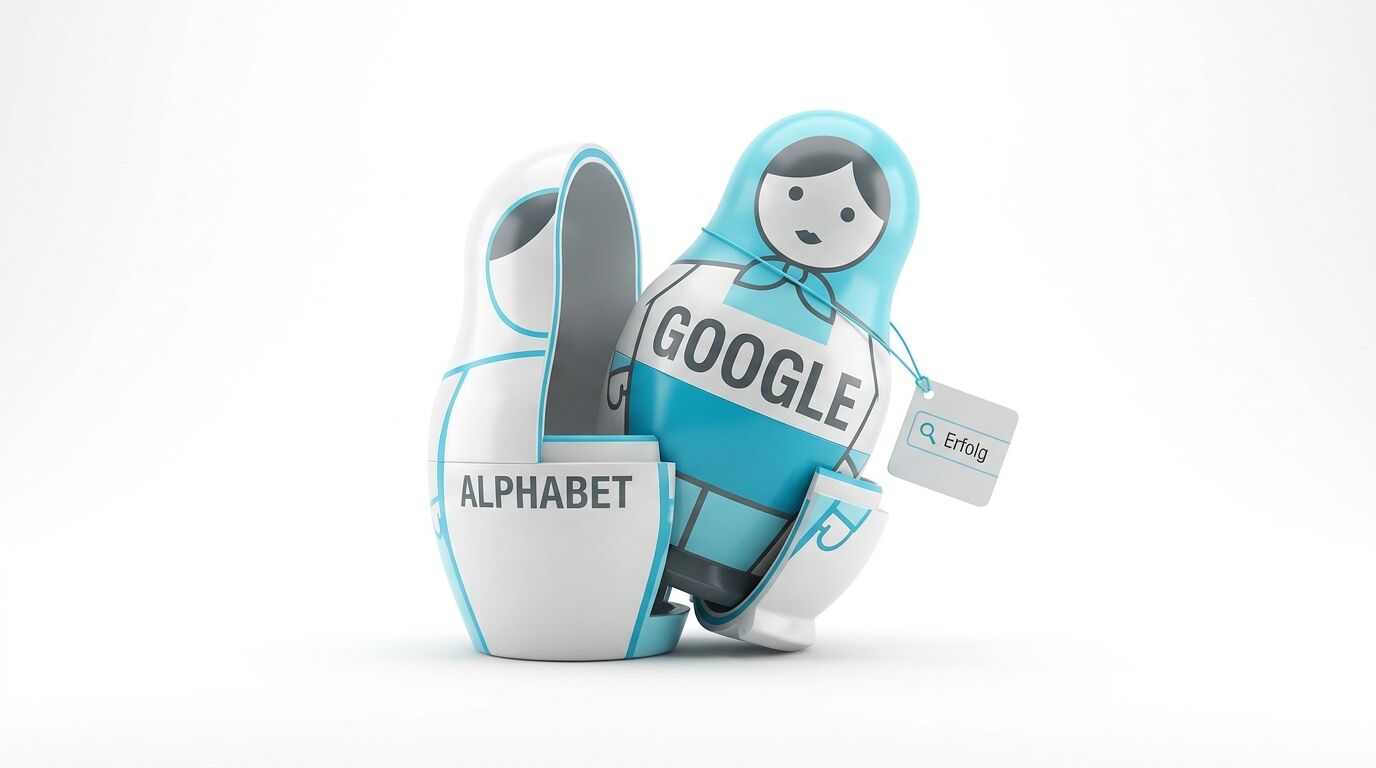 Eine offene „ALPHABET“-Matrjoschka enthüllt eine „GOOGLE“-Puppe mit „Erfolg“-Etikett