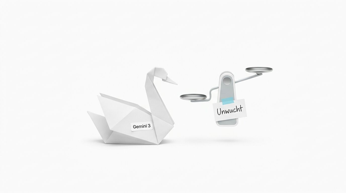 Papier-Schwan „Gemini 3“ blickt auf schiefe Waage mit Schild „Unwucht“