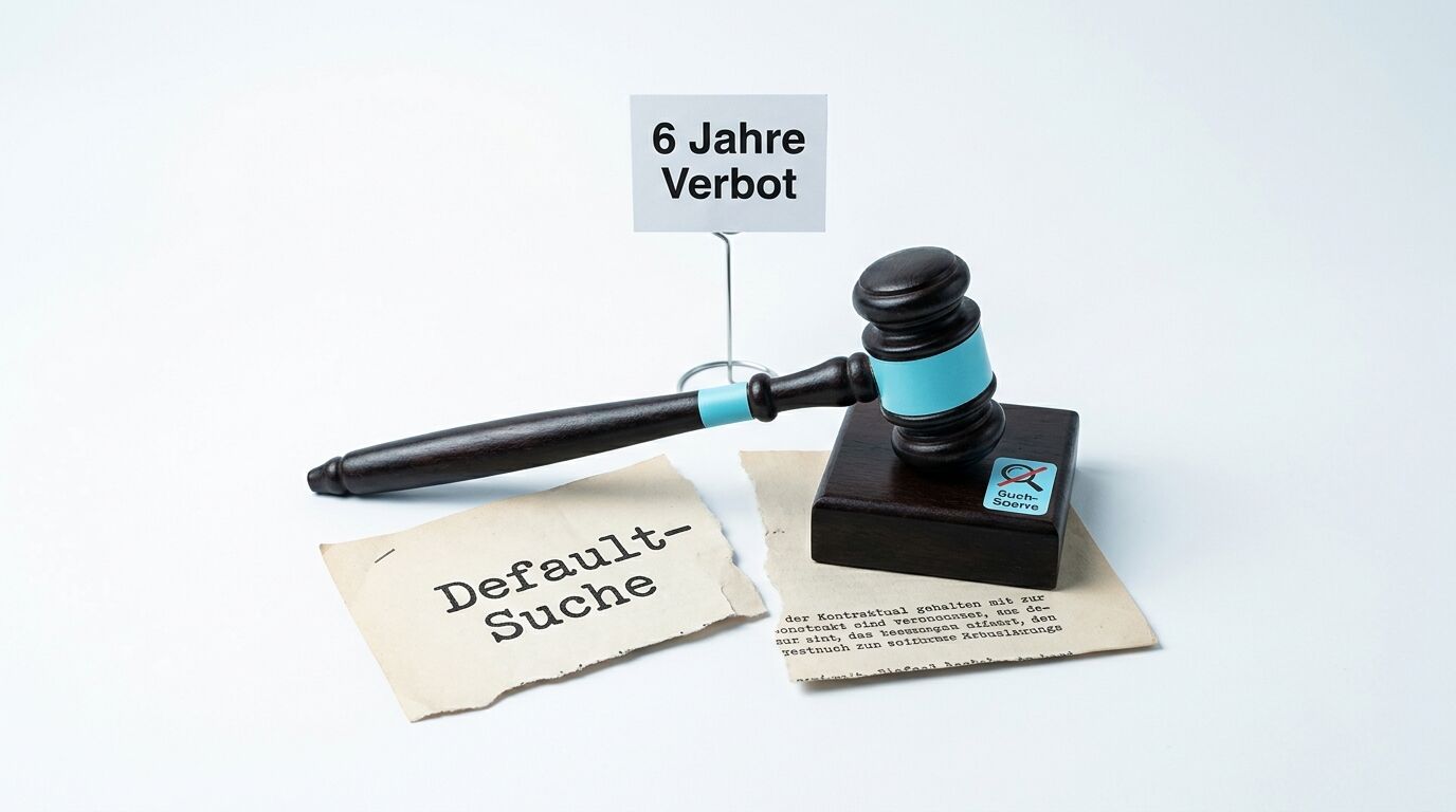 Richterhammer mit Texten „6 Jahre Verbot“ und „Default-Suche“ sowie veränderten Logos
