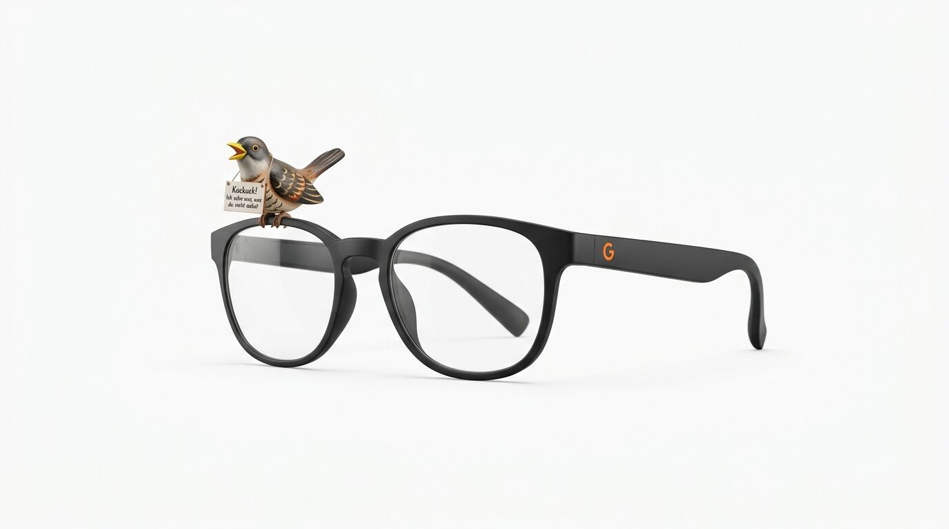 Schwarze Brille, kleiner Kuckuck mit Schild links auf dem Rahmen, G-Logo rechts