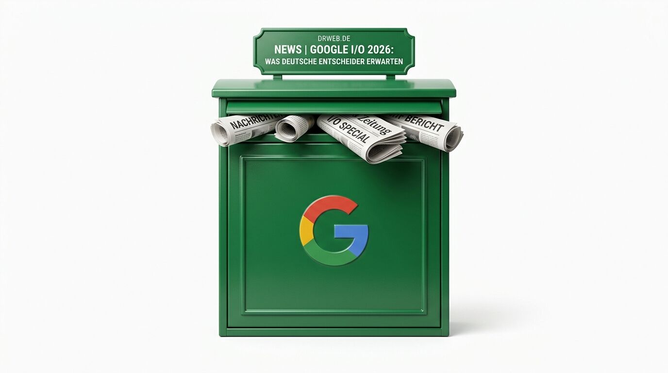 Ein grüner Briefkasten mit dem farbigen Google G-Logo und Zeitungen im Einwurfschlitz