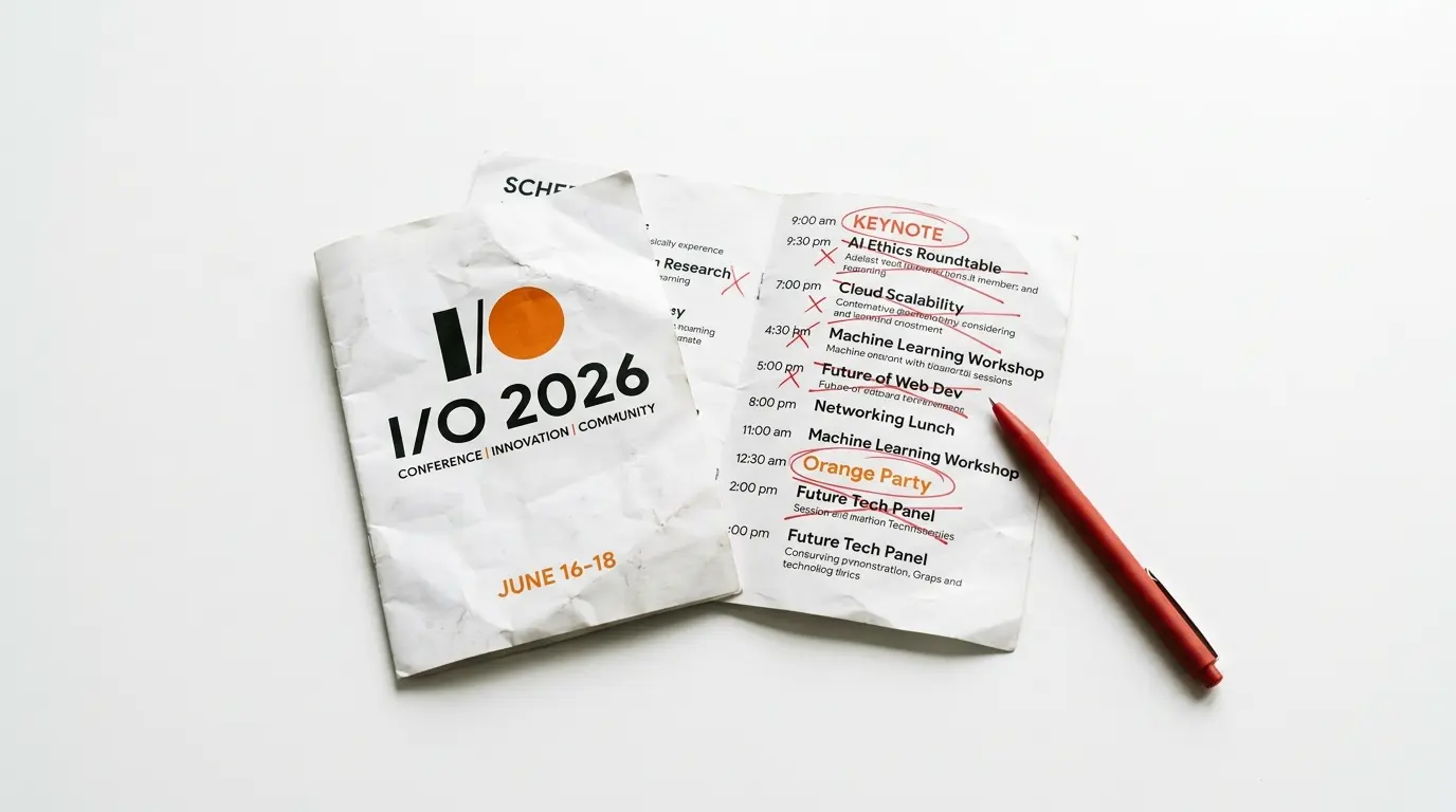 Zerknitterte Broschüre der „I/O 2026“-Konferenz, ein Programm mit roten Markierungen und ein roter Stift auf weißem Hintergrund