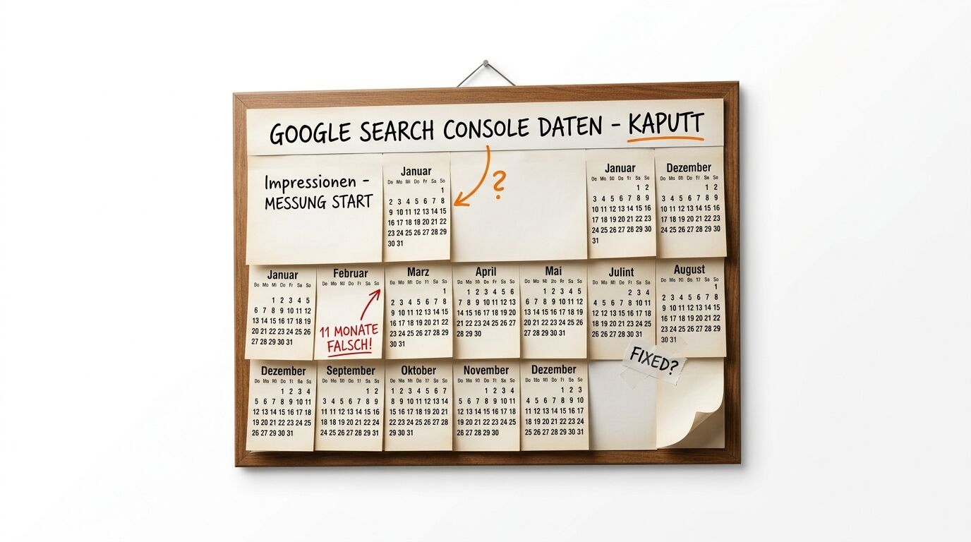 Pinnwand mit fehlerhaften Kalenderblättern zu Google Search Console-Daten vor weißer Wand